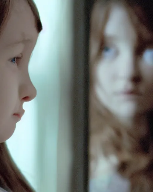 Prompt: Film still of the Little girl from the movie Ring, white skin, long black hair