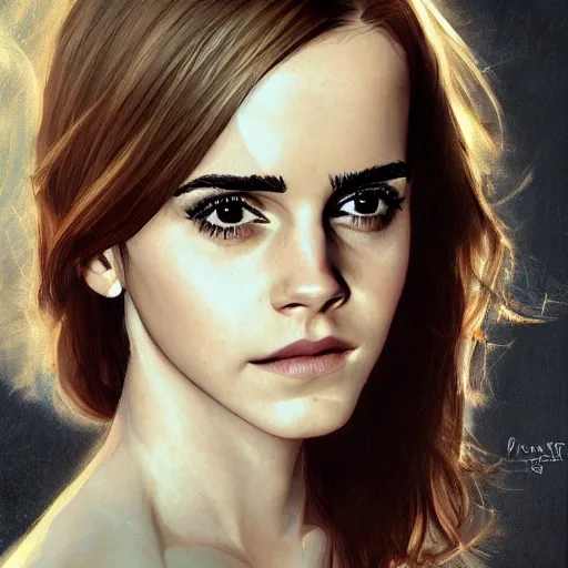 Prompt: portrait of emma watson staring intensely at the viewer, beautiful, long hair, high detail, artstation