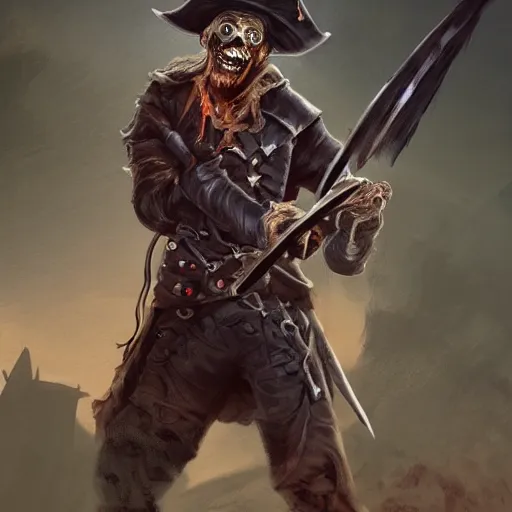 Prompt: Full body shot of Zombie pirate Captain wielding a sandstone rapier and sandstone dagger. Wearing a hat with an impressive feather and with a brutal scar across his neck. Dark magic, dark lighting, flux. High fantasy, digital painting, HD, 4k, detailed