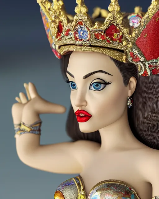 Prompt: highly detailed closeup, face profile portrait of a tin toy angelina jolie as a fairytale princess wearing a crown and sitting on a throne, bikini, depth of field, edvard munch, wassily kandinsky, breathtaking, detailed and intricate environment, 8 k resolution, hyperrealistic, octane render
