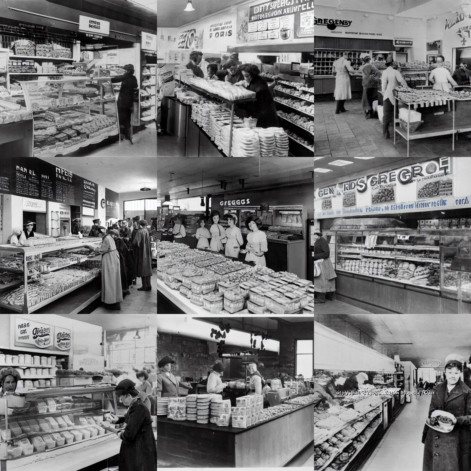 Prompt: interior of a greggs bakery selling mre field rations during a famine, promotional photograph,