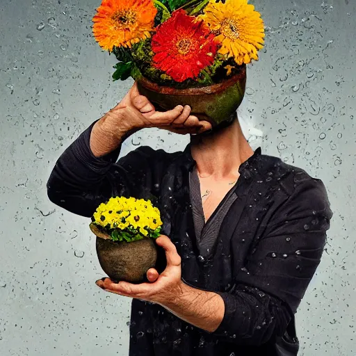 Image similar to man pouring water on head, flowers are in a pot on his head, the pot is part of his head, high detail, 8K digital art