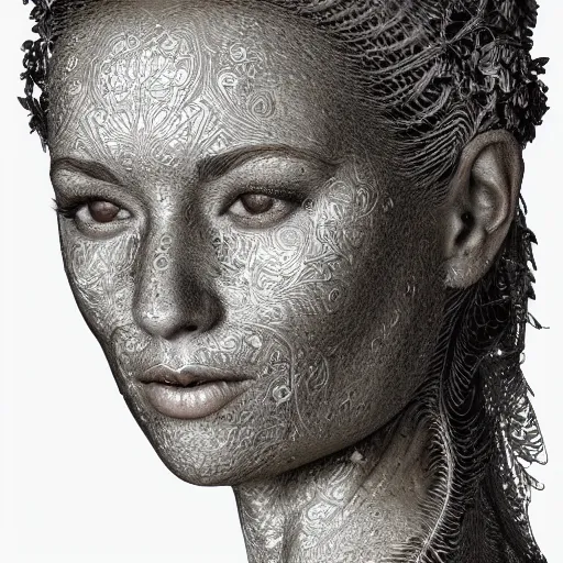 Image similar to beatifull frontal face portrait of a woman, 150mm, chromatic aberration, mandelbrot fractal, intricate, elegant, highly detailed, ornate, ornament, sculpture, elegant , luxury, beautifully lit, ray trace, octane render in the style of peter Gric and alex grey