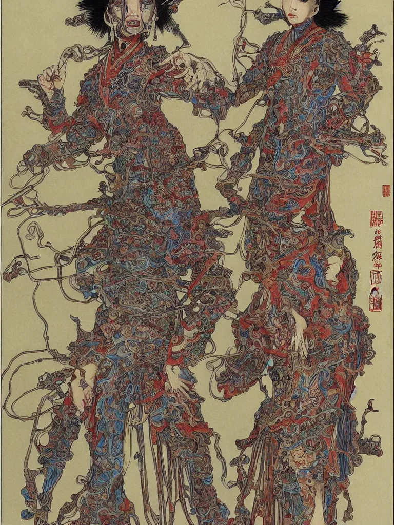 Image similar to ancient chinese zombies with luxuriant full - body official clothes of the qing dynasty, a incredible symmetrical concept design, psychedelic, highly detailed upper body, by mucha, hr giger, zdzislaw