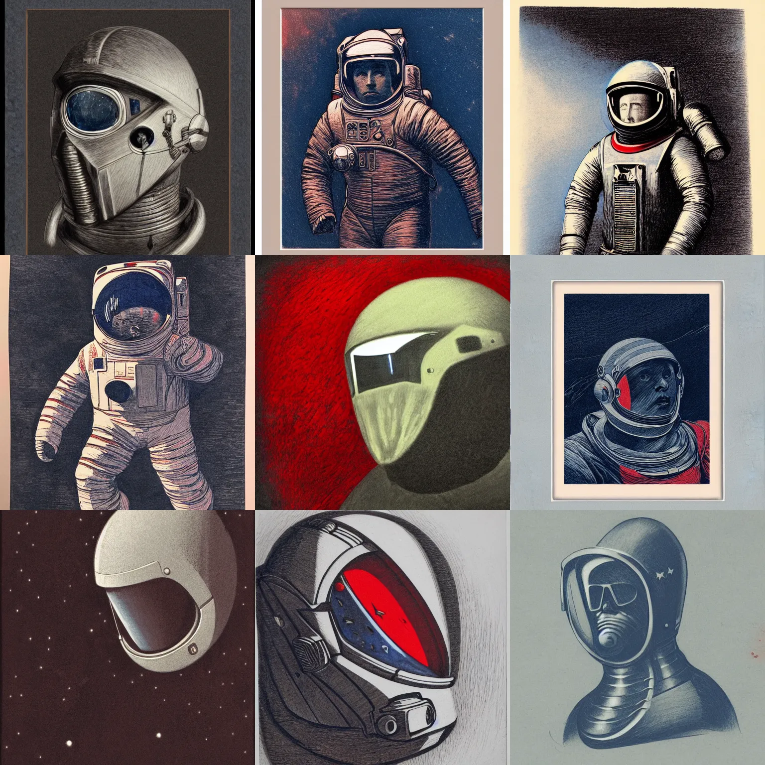 Prompt: tonalist romanticist realist engraving of inuk astronaut, prussian blue, venetian red, and titanium white, carbon black, chiaroscuro, stark lighting, high contrat, dynamic linework, crosshatching