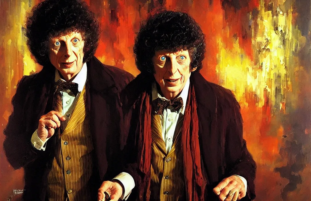 Image similar to portrait of tom baker as dr. who!!!!!!!!!!!!!!!!!!!!!!!!!!!, detailed face, detailed painting, epic lighting, by ilya repin, phil hale and kent williams