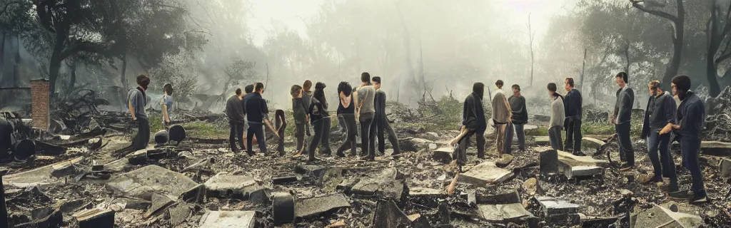 Prompt: group huddled around a fire in a decaying building with the world outside overgrown and in ancient architecture ruins from a higher perspective with dramatic lighting photographed with an animorphic lens, rendered in a cinematic hazy dusk atmosphere