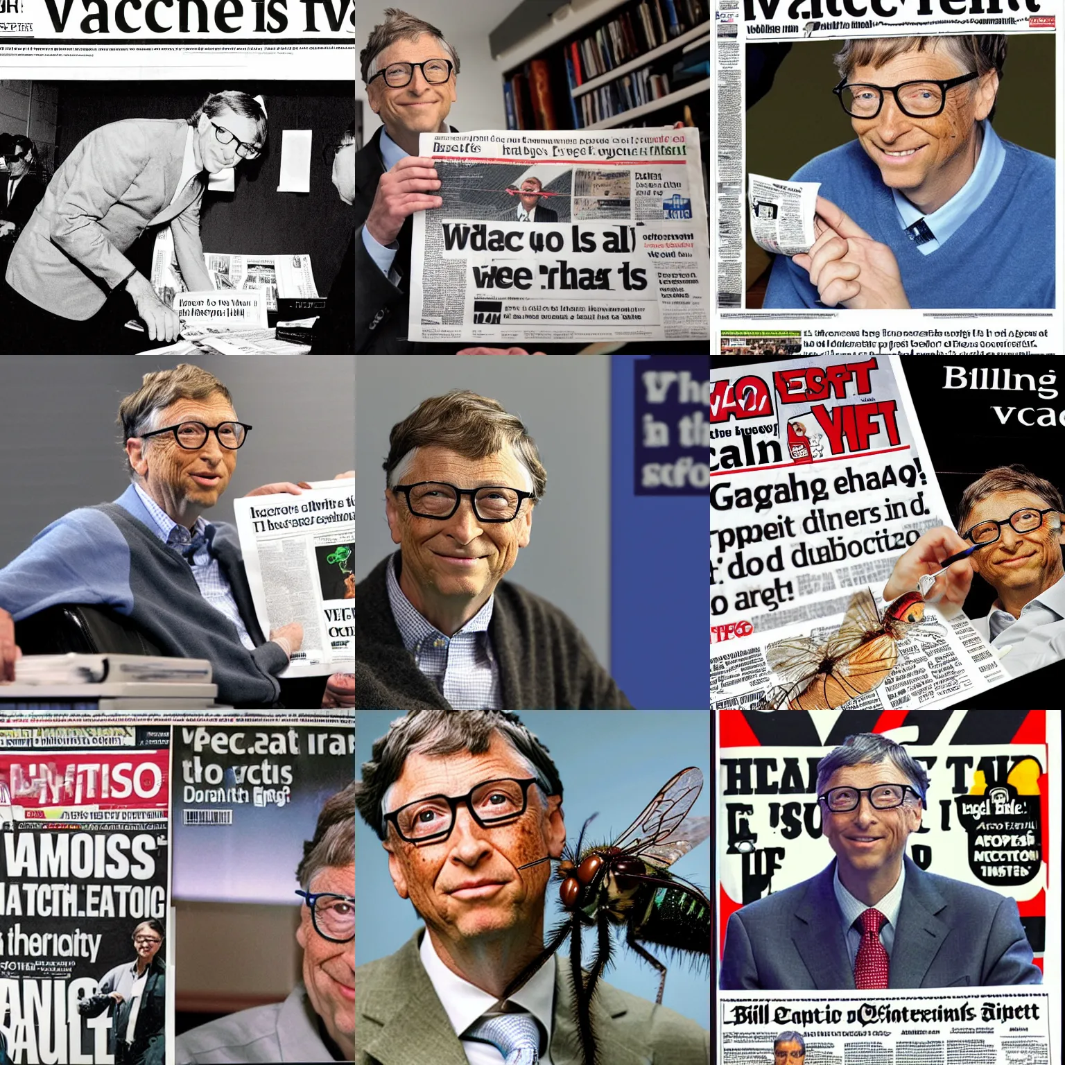 Prompt: bill gates vaccinating a giant fly, newspaper front page