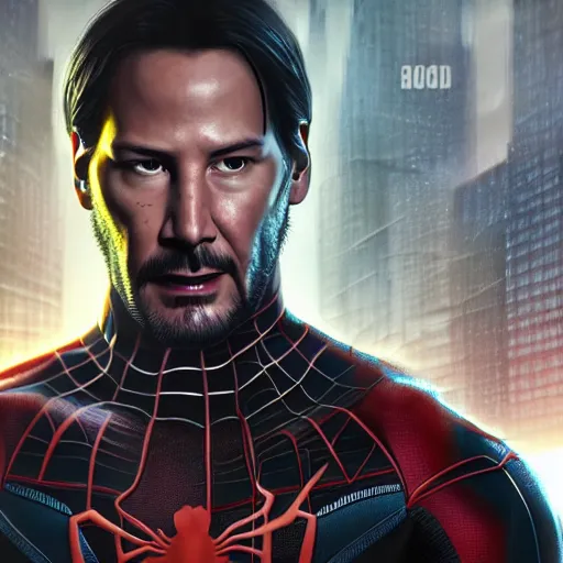 Image similar to Keanu Reeves as spiderman , muscle extremely detailed, fantastic details full face, mouth, trending on artstation, pixiv, cgsociety, hyperdetailed Unreal Engine 4k 8k ultra HD, WLOP