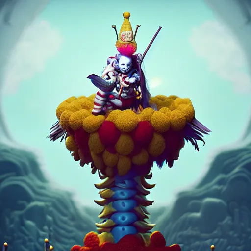 Image similar to clown character knight, infinite final fantasy candyland landscape fall god temple, moody : : wes anderson, roger dean, sophie anderson, esao andrews : : ornate, dynamic, particulate, intricate, elegant, highly detailed, centered, artstation, smooth, sharp focus, octane render, 3 d