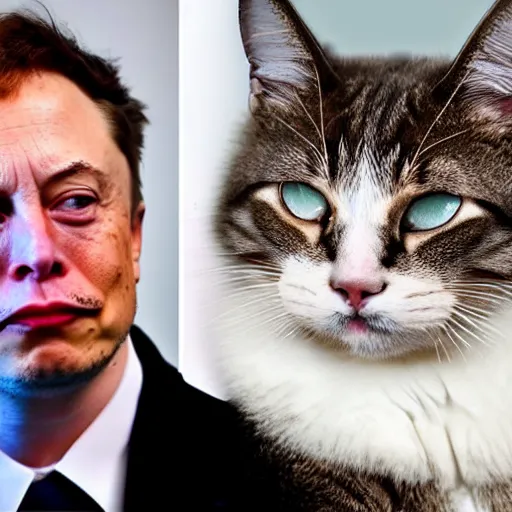 Image similar to Two Angry Cats, Grump Elon Musk Cat and Grumpy Bill Gates Cat, Cats with Humanlike faces, firm frown