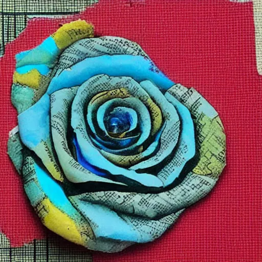 Image similar to photo of an intricately detailed representation of a accurate rose. Colored synthetic polymer blended with colored torn fabrics miniature on found newspaper.