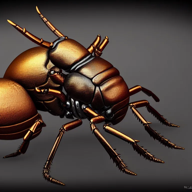 Image similar to steampunk stag beetle, 3 d model, unreal engine realistic render, 8 k, micro detail, intricate, elegant, highly detailed, centered, digital painting, smooth, sharp focus, illustration, artgerm, by wlop