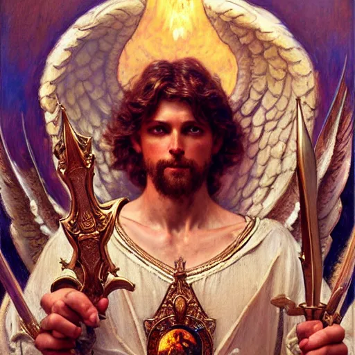 Image similar to saint michael the angel, guarding the world from evil. highly detailed painting by gaston bussiere, greg rutkowski, j. c. leyendeker 8 k