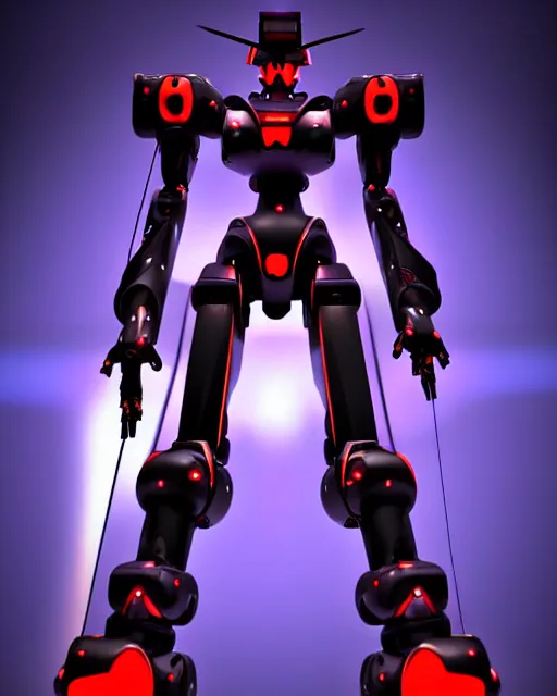 Image similar to black evangelion robot holding a steampunk guitar at night, cinematic lighting, evangelion anime poster, rebuild of evangelion 1 0 8 0 p, 9 0 s anime aesthetic, volumetric lights, rule of thirds, unreal engine render, pinterest wallpaper, trending on artstation