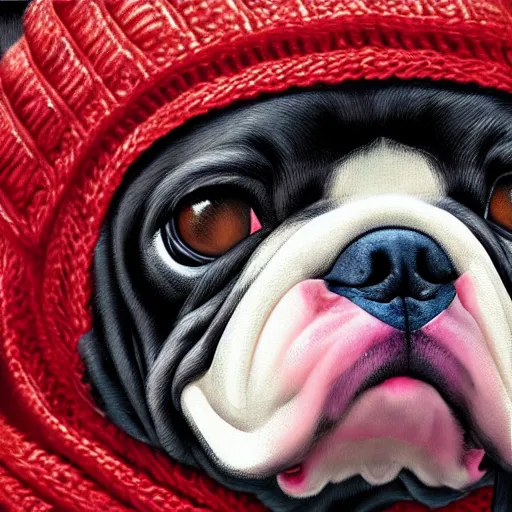 Image similar to close-up of a bulldog wearing a beanie, highly detailed, sharp focus, digital painting, artwork by Victor Adame Minguez + Yuumei + Tom Lovell + Sandro Botticelli