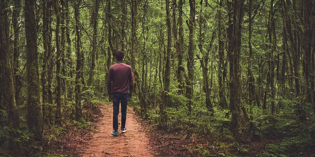 Prompt: fotorealistic image of a young man walking in the forest