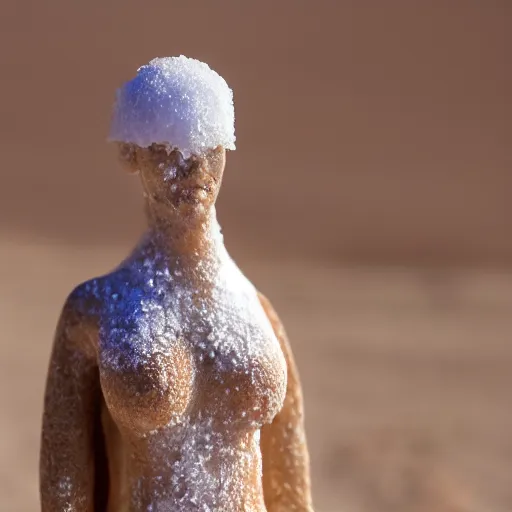 Image similar to salt woman covered in salt shaped like a 30 year old woman in ancient Canaanite clothing, desert drought background. 40mm lens, shallow depth of field, split lighting