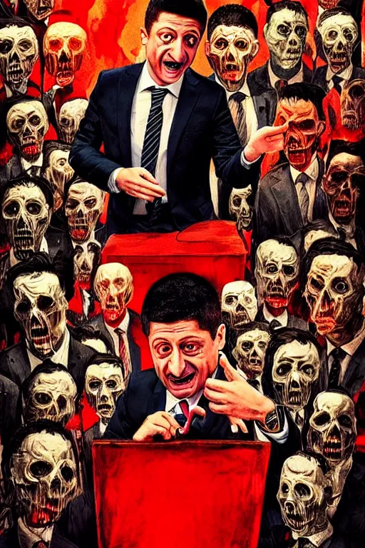 Image similar to president zelensky is in hell, art in the style of a poster for horror films in a cinema, detailed art in color