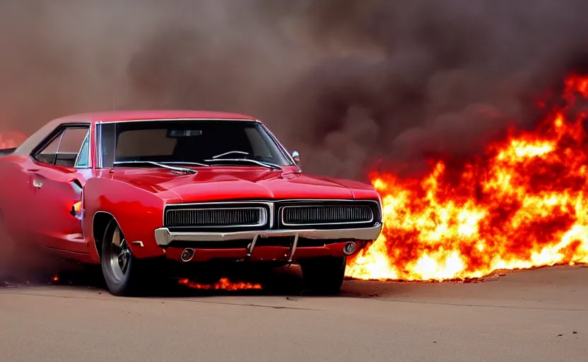 Image similar to a red 1 9 6 8 dodge charger r / tdriving high speed, fire explosion in the background, action scen. realistic. high resolution. dramatic