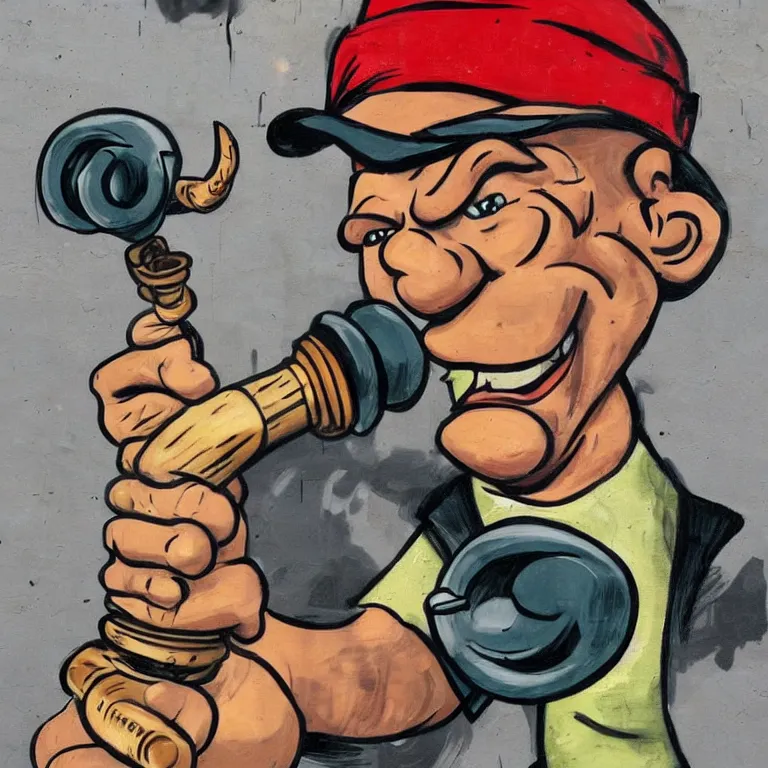 Image similar to Street-art portrait of Popeye the Sailor with huge forearms with two anchor tattoos, skinny upper arms, and corncob pipe. in style of Edward Hopper, comic character, photorealism