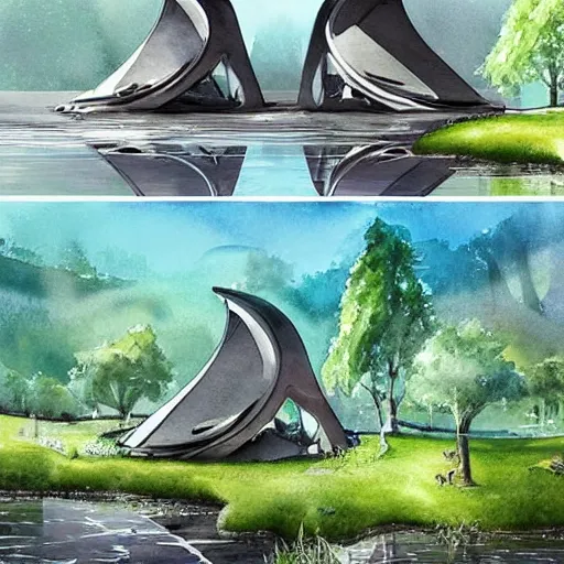 Image similar to beautiful happy picturesque charming sci - fi organic pod - like homes of the future in a beautiful natural scene. water, trees and rocks. beautiful light. soft colour scheme. beautiful artistic detailed watercolor by lurid. ( 2 0 2 2 )