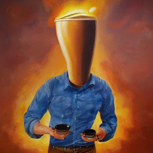 Prompt: ultra realist soft painting of a nuclear bomb explosion, daily clothed man drinking his coffee, partial symmetry accurate features, very intricate details, focus, curvy, award winning