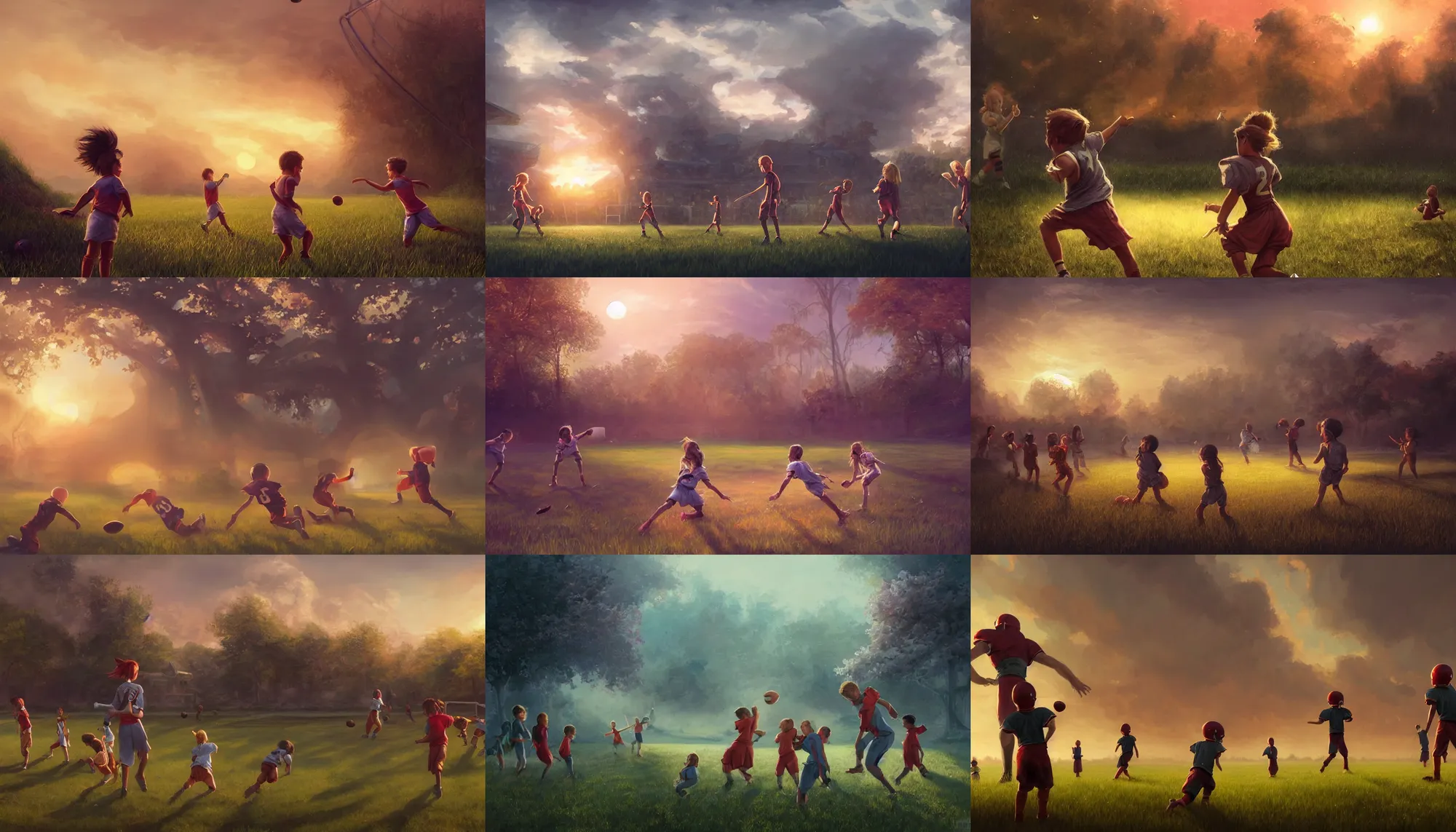 Prompt: fantasy painting of backyard football field with a pair of playing children during sunset, wide shot, digital painting, intricate details, trending on artstation, concept art, octane render, realistic, highly detailed, smooth, sharp focus, beautiful, 4 k, 8 k, hd, art by charlie bowater and artgerm and greg rutkowski