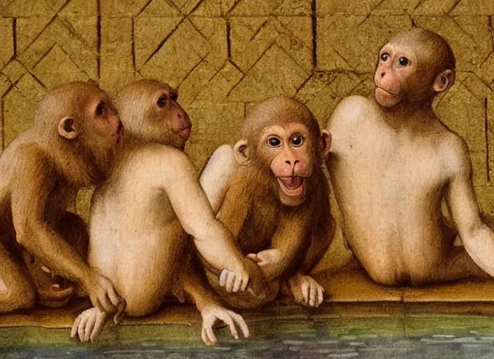 Image similar to detailed renaissance style painting of 3 monkeys enjoying the roman baths, soft edges, oil painting