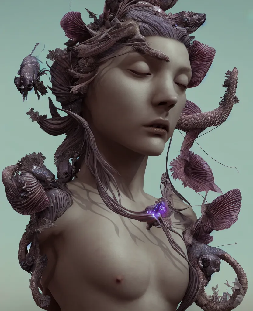 Image similar to goddess sculpture close-up portrait. orchid bird phoenix head, nautilus, skull, betta fish, bioluminiscent creatures, intricate artwork by Tooth Wu and wlop and beeple. octane render, trending on artstation, greg rutkowski very coherent symmetrical artwork. cinematic, hyper realism, high detail, octane render, 8k