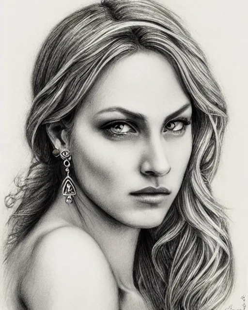 Image similar to pencil drawing of a beautiful greek goddess aphrodite with arrowhead earrings, beautiful piercing eyes, beautiful blonde hair, hyper realistic face, in the style of greg rutkowski, fantasy, amazing detail, epic, elegant, smooth, sharp focus, from the front