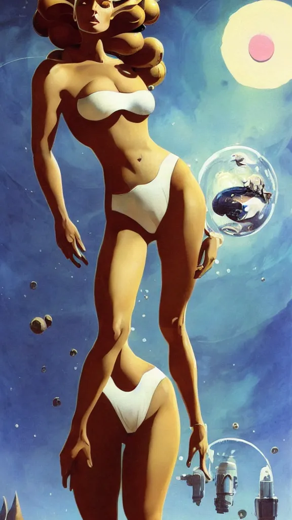 Image similar to A mixed media portrait painting of a beautiful blonde brunette woman exploring an alien planet, very curvy, aesthetic! high-waisted white-bikini-armor and boots, holding raygun, aesthetic symmetrical face and eyes, model, Scandinavian, wet, discarded mechsuit in background, by Frank Frazetta, Boris Vallejo, Beeple, Greg Rutkowski, Christian MacNevin, eighties-pinup style, epic fantasy character art, high fantasy, CGsociety, exquisite detail, post-processing, masterpiece, cinematic