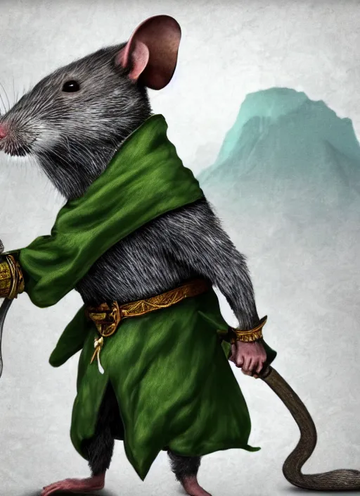 Prompt: a bearded gray humanoid rat with jewelry, green eyes, tricorne hat, green robe, D&D, digital art, realistic, trending on artstation, 4k, sea in the background