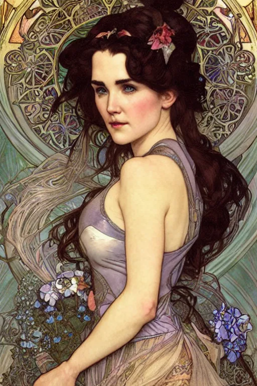 Prompt: realistic detailed face portrait of Jennifer Connelly as fairy tale princess Snow White by Alphonse Mucha, Ayami Kojima, Amano, Charlie Bowater, Karol Bak, Greg Hildebrandt, Jean Delville, and Mark Brooks, Art Nouveau, Neo-Gothic, gothic, rich deep moody colors