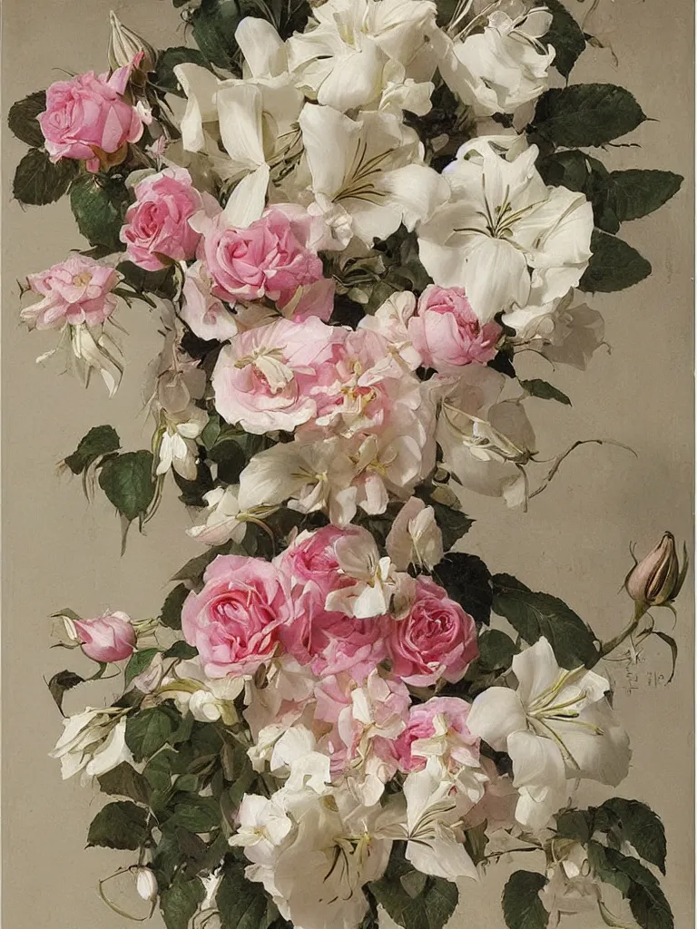 Prompt: a beautiful decorated ornamental classical design with roses and lilies, southern wildflowers, painted by james jean, soey milk, sargent