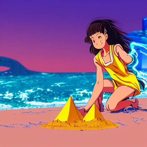 Image similar to girl making a sand castle on the beach, sprite, vaporwave nostalgia, visual novel cg, 8 0 s anime vibe, kimagure orange road, yu - no, initial d, sketch by by osamu tezuka, directed by beat takeshi, wallpaper, ultra hd, vlc screenshot