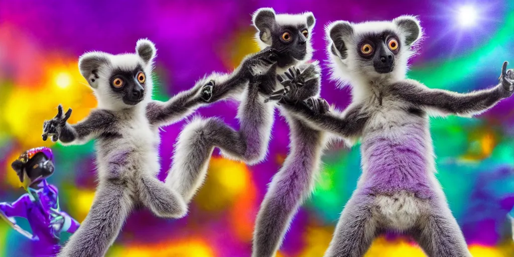 Prompt: a purple lemur dancing in a disco with other colorful lemurs in the background, photography