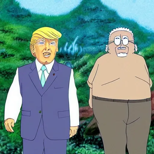 Image similar to Donald Trump and Joe Biden as studio ghibli characters by Hayao Miyazaki, pastel full color