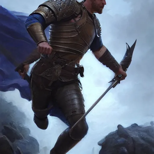 Image similar to Ranger marching toward the viewer, male, muscular, blue eyes!!!!, straight nose!!!, detailed face, exposed thighs!!!, fantasy, medieval, highly detailed, painting by greg rutkowski