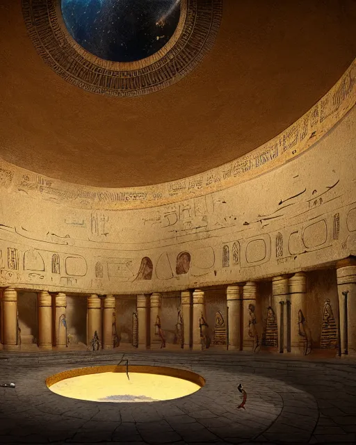 Image similar to greg rutkowski digital painting of an ornate and royal egyptian antechamber tomb, a circular pool in the tomb showing the galaxy, unreal engine, hyper realism, realistic shading, cinematic composition, blender render, octane render, hdr, detailed textures, photorealistic, ultrawide shot, 3 5 mm film