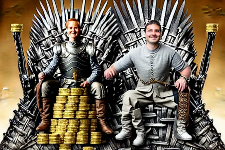 Image similar to man sitting, on a throne made of money, coins and dollars, in the style of game of thrones