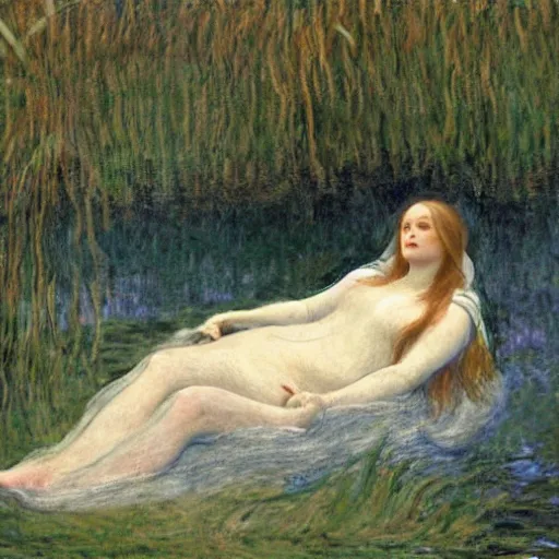 Image similar to breathtaking masterpiece of art, elizabeth eleanor siddall as ophelia laying down in water floating down the river amongst the reeds fully covered in robes fully clothed in flowing medieval robes by rosetti and monet, 8 k