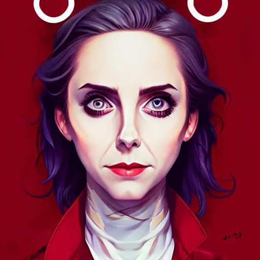 Prompt: loish, artgerm, Joshua Middleton art, pretty Alison Brie serial killer holding bloody knife in right hand, blood on clothes and face, sarcastic smile, symmetrical eyes, symmetrical face, jean jacket, jeans, short blonde hair, middle shot, night time, deep blacks