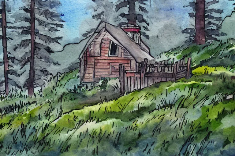 Prompt: a watercolor painting animation background of a seaside cottage in Oregon, moss and pines