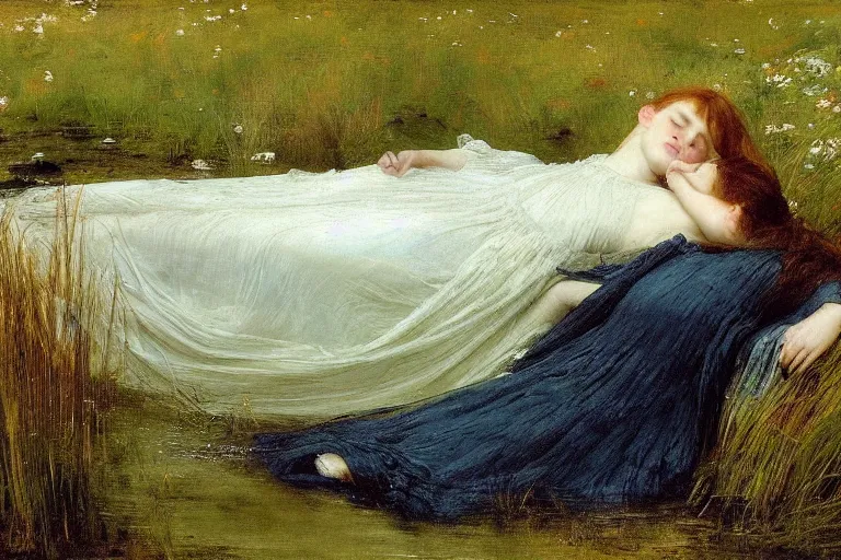 Prompt: a masterful portrait of a beautiful young girl, floating in the dark waters of a cold river full of high green grass and fine flowers, drowned, with closed eyes, wearing a nicely crafted antique dress, by sir john everett millais, realistic, hyperdetailed, ethereal, sad, masterpiece, oil painting, pre - raphaelites