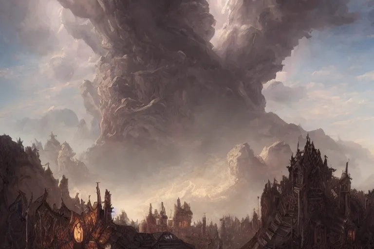 Prompt: a lovcraftian deity as tall as the clouds destroys a village, 1 8 0 0 s, in the style of coriolis rpg, highly detailed, dark sci - fi, artstation, 8 k, mohrbacher