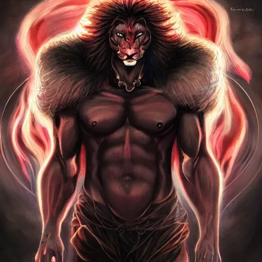 Prompt: aesthetic portrait commission of a albino muscular and attractive anthro lion as a satanic muscular overlord with mane fur turning into cosmic red fire and black smoke in the volcanic burning clouds, fantasy art, hyperdetailed. Character design by charlie bowater, ross tran, artgerm, and makoto shinkai, detailed, inked, western comic book art, 2021 award winning painting