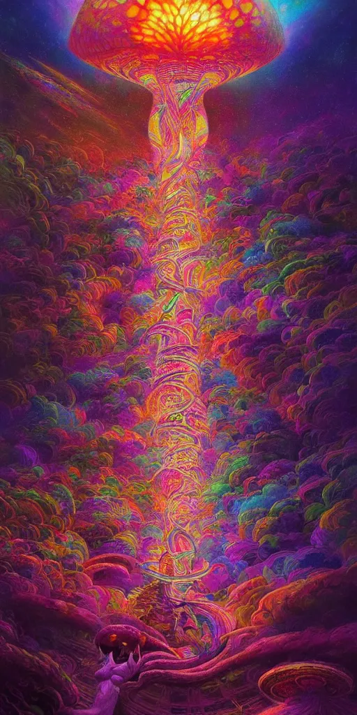 Prompt: An extremely psychedelic abstract illustration of gatewat to celestial dreams, colorful, surreal, dramatic lighting, magic mushrooms, psilocybin, LSD, detailed, intricate, elegant, highly detailed, digital painting, artstation, concept art, smooth, sharp focus, illustration, art by Krenz Cushart, greg rutkowski and zdzislaw beksinski and alphonse mucha, unreal engine 5 render, 8k