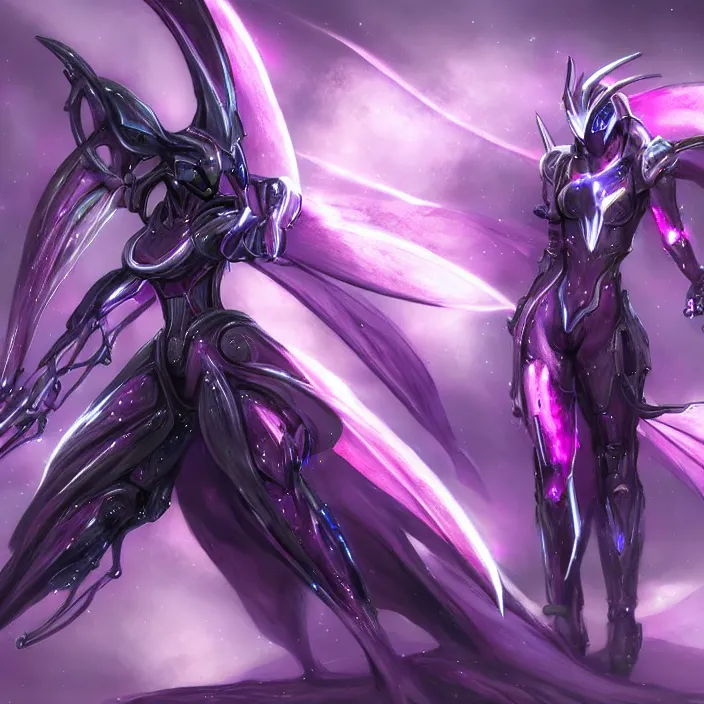 Prompt: cinematic close shot, cosmic sized proportional stunning beautiful hot female warframe, detailed sleek robot mecha female dragon head, metal ears glowing purple eyes, sleek silver armor, fuschia skin, floating in empty space, nebula sized, epic proportions, epic size, epic scale, furry art, dragon art, giantess art, warframe fanart, furaffinity, deviantart