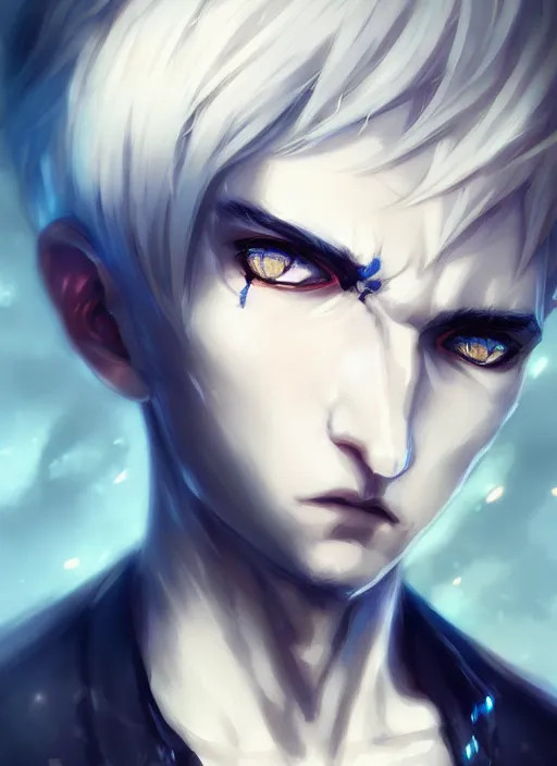 Prompt: highly detailed portrait art of half bone face black and blue eye boy white hair, ross tran, krenz cushart, white shirt, vd, intricate, digital anime art, sharp focus